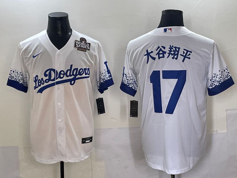 Men Los Angeles Dodgers #17 Ohtani White blue City Edition Nike MLB Jersey style 4
